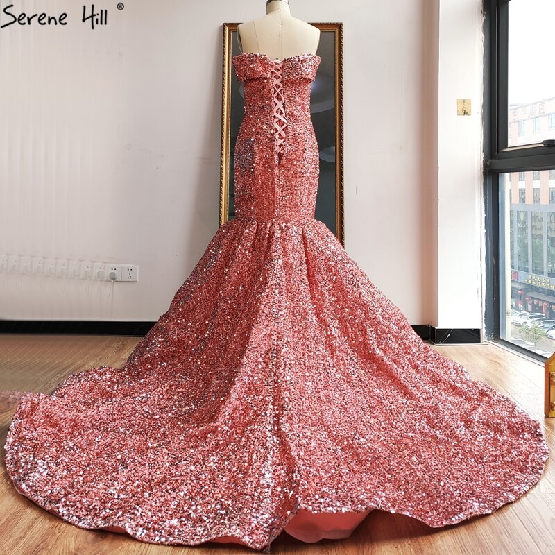 Serene Hill Gold Luxury Mermaid Wedding Dresses Off Shoulder Sparkle Elegant Sexy Bridal Gowns HA2353 Big Red / 14 / 50cm