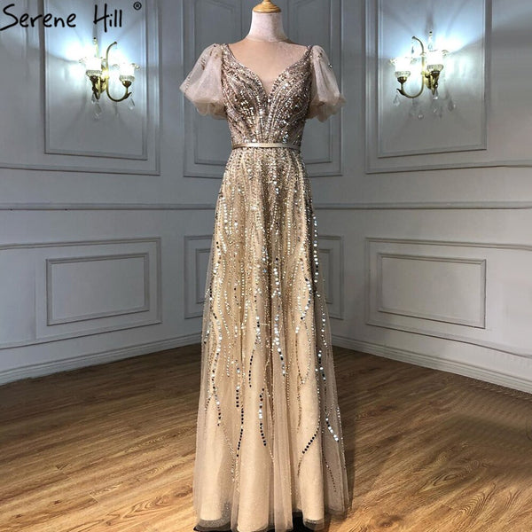 Serene Hill Gold Luxury Sexy Evening Dresses Gowns 2025 Short Flare Sleeves Beaded A-Line For Women Party LA70824A