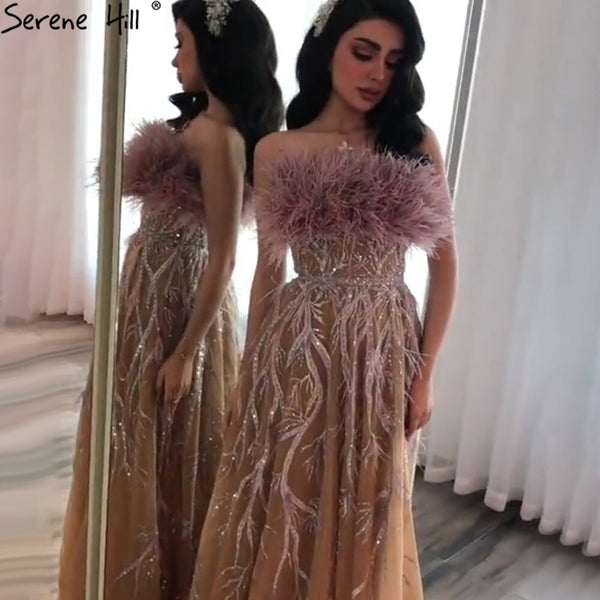 Serene Hill Gold Luxury Evening Dresses Gowns 2025 Beading Feathers Sexy A-Line For Women Party LA71071
