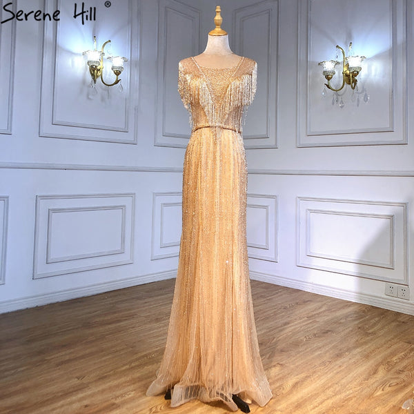 Serene Hill Gold Mermaid Elegant Evening Dresses Gowns 2025 Beaded Tassel Luxury For Women Party LA71435