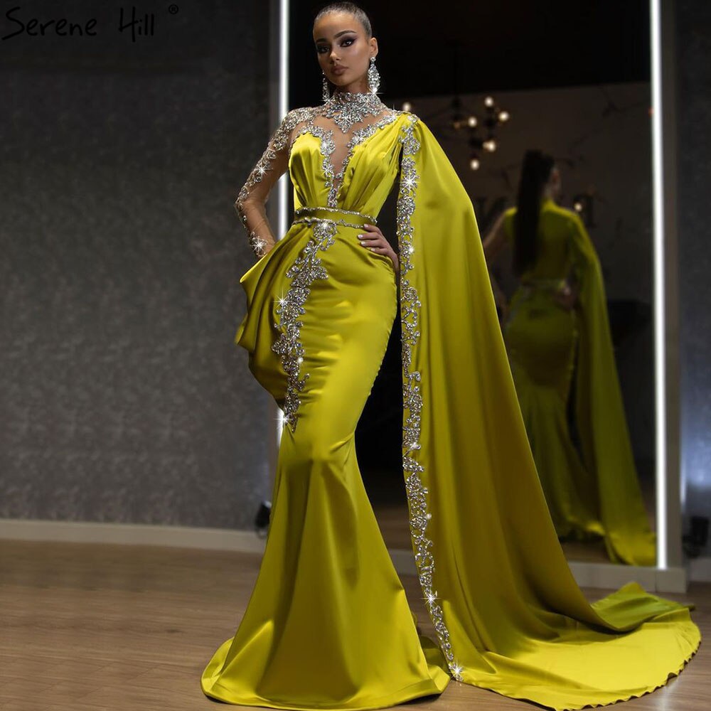Serene Hill Gold Mermaid Elegant Evening Dresses Gowns 2025 Satin Luxury Beading One Shoulder For Women Party LA70869 - SERENE HILL