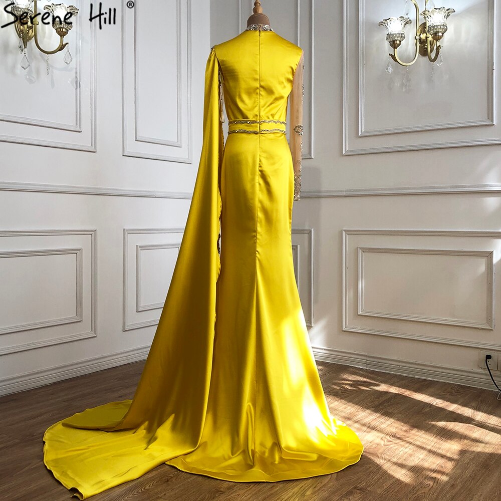 Serene Hill Gold Mermaid Elegant Evening Dresses Gowns 2025 Satin Luxury Beading One Shoulder For Women Party LA70869 - SERENE HILL