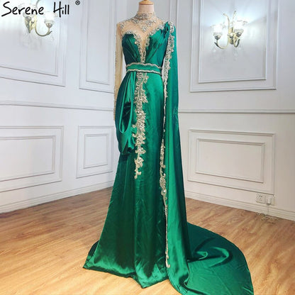Serene Hill Gold Mermaid Elegant Evening Dresses Gowns 2025 Satin Luxury Beading One Shoulder For Women Party LA70869 - SERENE HILL