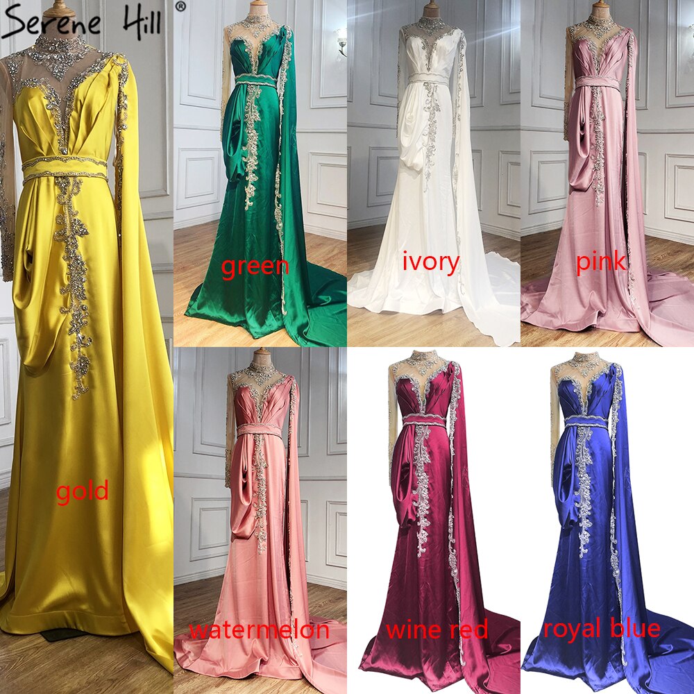 Serene Hill Gold Mermaid Elegant Evening Dresses Gowns 2025 Satin Luxury Beading One Shoulder For Women Party LA70869 - SERENE HILL