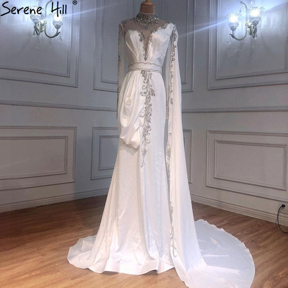 Serene Hill Gold Mermaid Elegant Evening Dresses Gowns 2025 Satin Luxury Beading One Shoulder For Women Party LA70869 - SERENE HILL