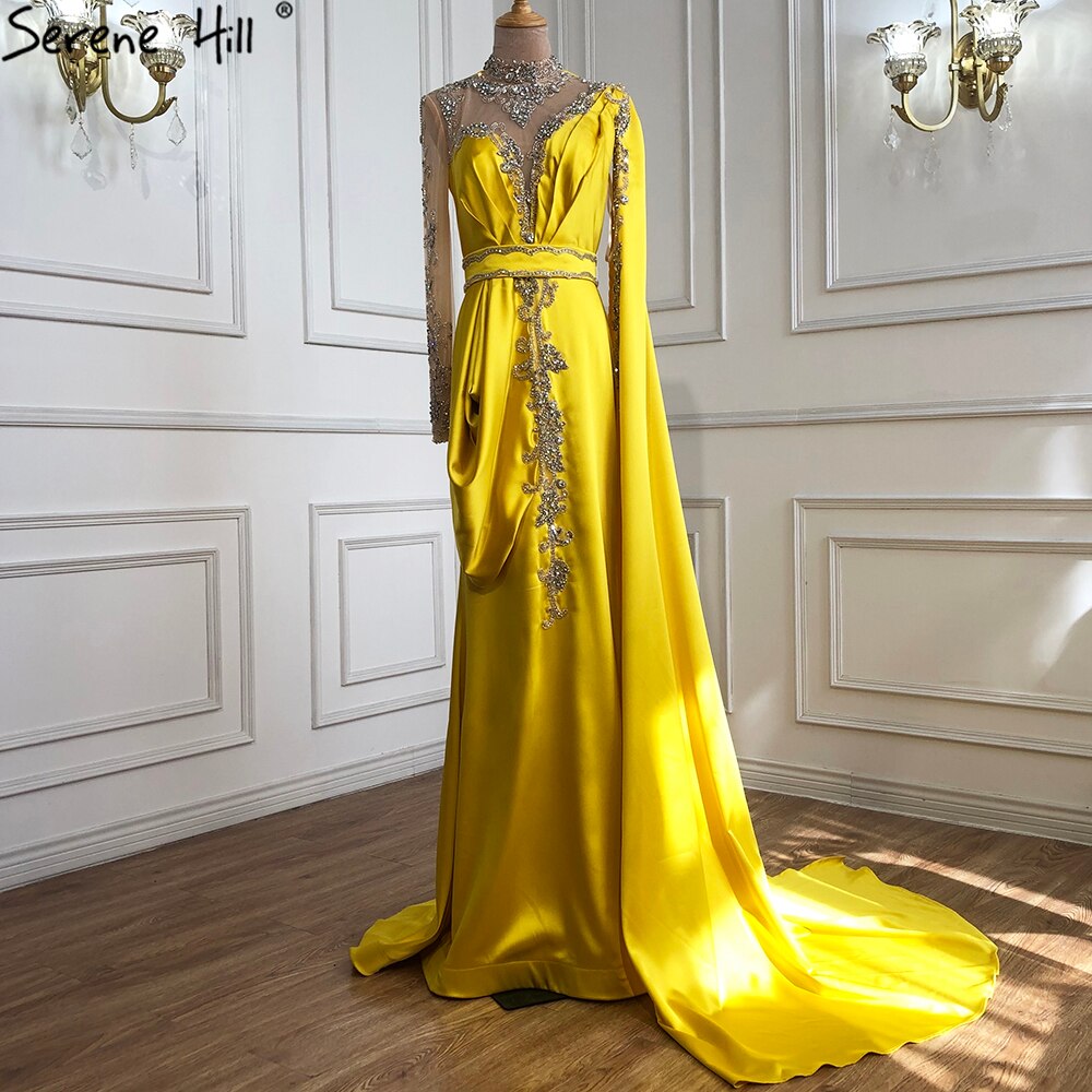 Serene Hill Gold Mermaid Elegant Evening Dresses Gowns 2025 Satin Luxury Beading One Shoulder For Women Party LA70869 - SERENE HILL