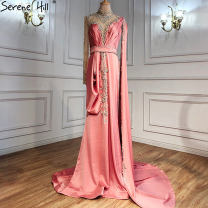Serene Hill Gold Mermaid Elegant Evening Dresses Gowns 2025 Satin Luxury Beading One Shoulder For Women Party LA70869 - SERENE HILL