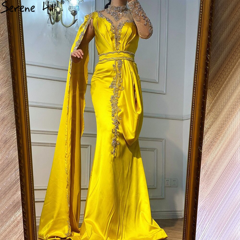 Serene Hill Gold Mermaid Elegant Evening Dresses Gowns 2025 Satin Luxury Beading One Shoulder For Women Party LA70869 - SERENE HILL