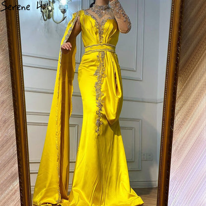 Serene Hill Gold Mermaid Elegant Evening Dresses Gowns 2025 Satin Luxury Beading One Shoulder For Women Party LA70869 - SERENE HILL