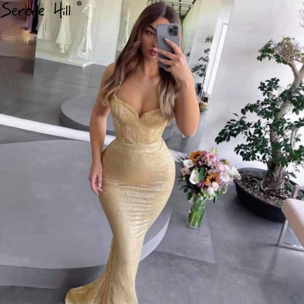 Serene Hill Gold Mermaid Elegant Evening Dresses Gowns 2025 Spaghetti Strap Sparkle For Women Party LA71419