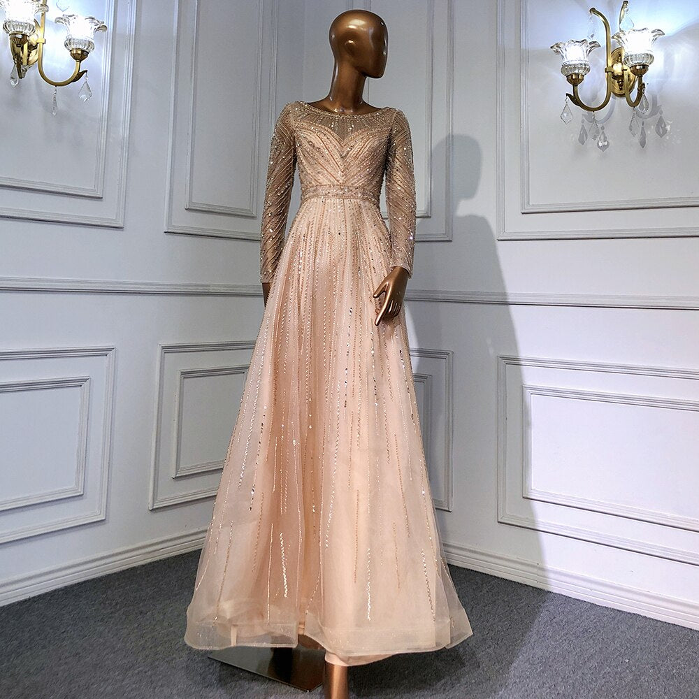 On Sale no return no refund Serene Hill Gold Mermaid Elegant Long Sleeves O-Neck Evening Dresses Gowns Luxury Beaded 2025 For Woman Party LA71635 - SERENE HILL