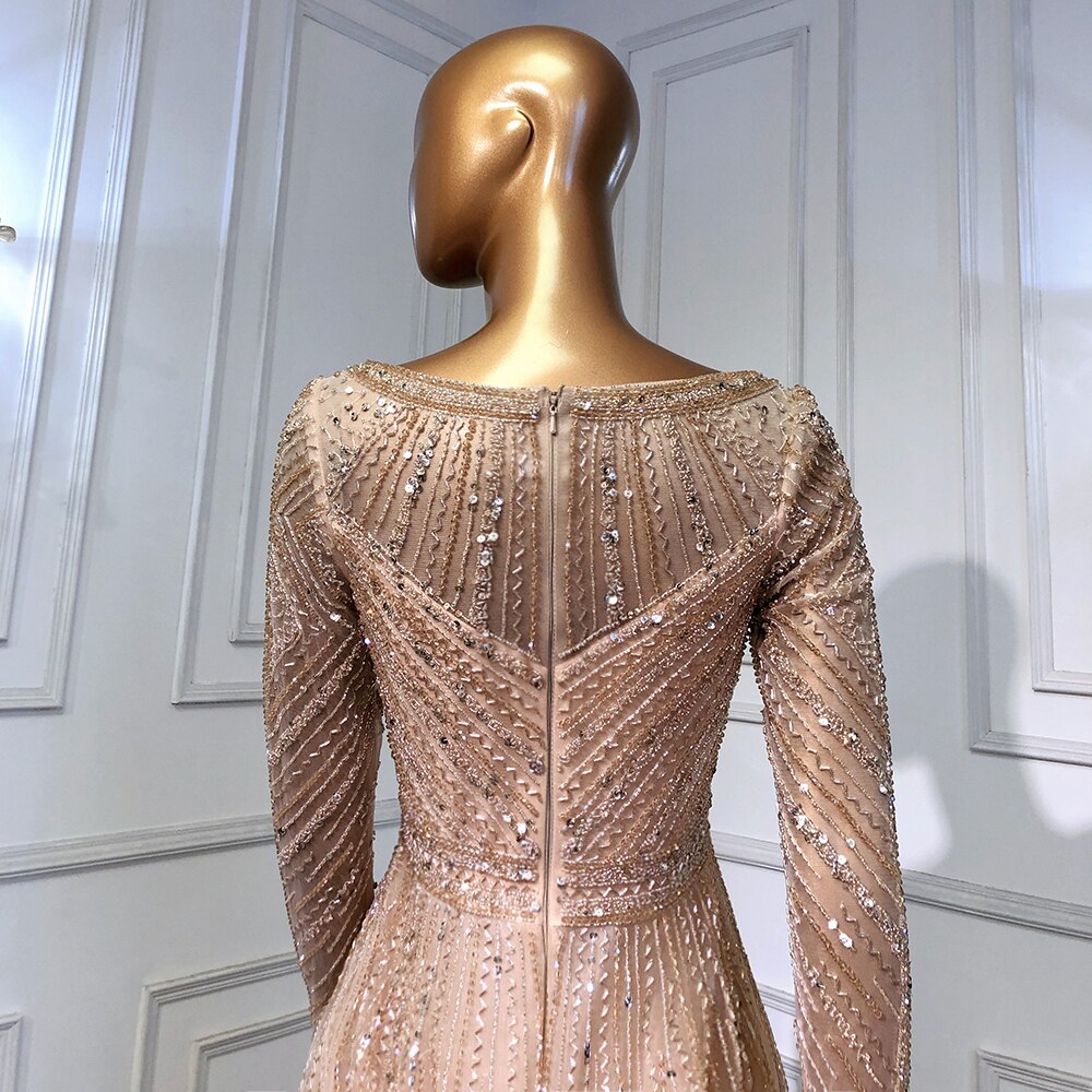 On Sale no return no refund Serene Hill Gold Mermaid Elegant Long Sleeves O-Neck Evening Dresses Gowns Luxury Beaded 2025 For Woman Party LA71635 - SERENE HILL