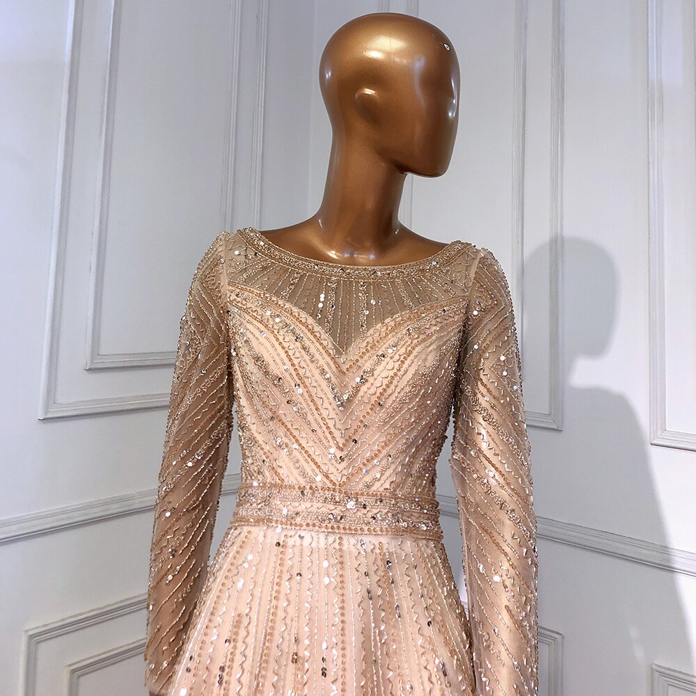 On Sale no return no refund Serene Hill Gold Mermaid Elegant Long Sleeves O-Neck Evening Dresses Gowns Luxury Beaded 2025 For Woman Party LA71635 - SERENE HILL