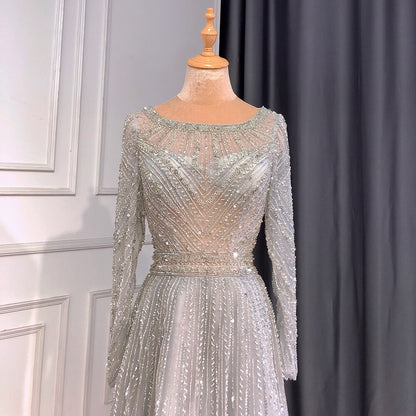 On Sale no return no refund Serene Hill Gold Mermaid Elegant Long Sleeves O-Neck Evening Dresses Gowns Luxury Beaded 2025 For Woman Party LA71635 - SERENE HILL
