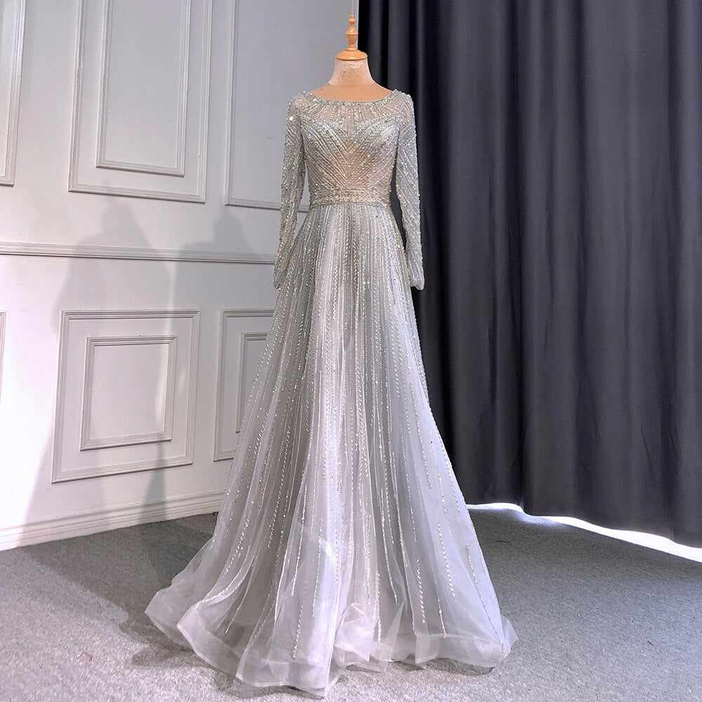 On Sale no return no refund Serene Hill Gold Mermaid Elegant Long Sleeves O-Neck Evening Dresses Gowns Luxury Beaded 2025 For Woman Party LA71635 - SERENE HILL