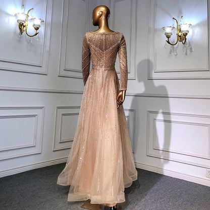 On Sale no return no refund Serene Hill Gold Mermaid Elegant Long Sleeves O-Neck Evening Dresses Gowns Luxury Beaded 2025 For Woman Party LA71635 - SERENE HILL