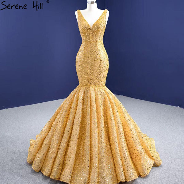Serene Hill Gold Mermaid Lace Up Evening Dresses Gowns 2025 Beaded Elegant Luxury For Women Party HM67290
