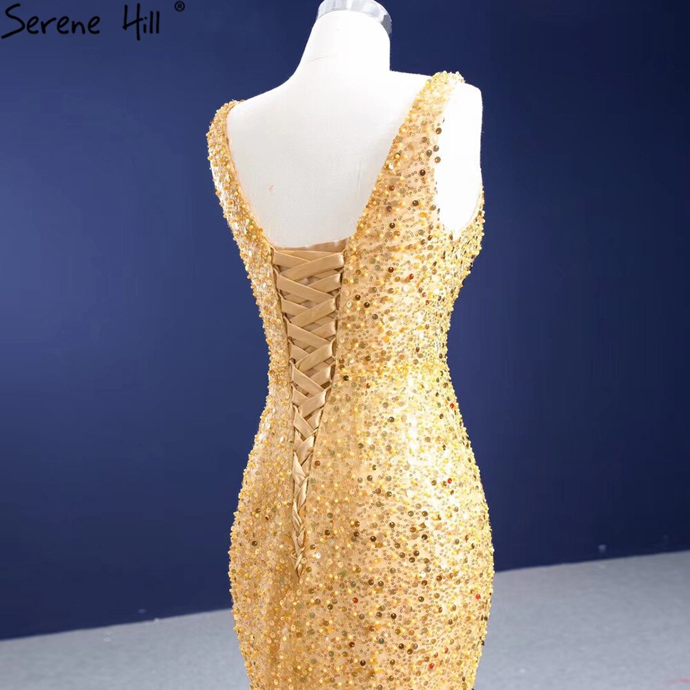 Serene Hill Gold Mermaid Lace Up Evening Dresses Gowns 2025 Beaded Elegant Luxury For Women Party HM67290 - SERENE HILL