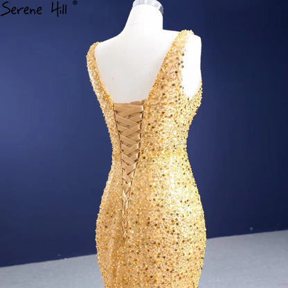 Serene Hill Gold Mermaid Lace Up Evening Dresses Gowns 2025 Beaded Elegant Luxury For Women Party HM67290 - SERENE HILL