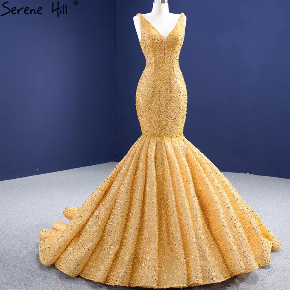 Serene Hill Gold Mermaid Lace Up Evening Dresses Gowns 2025 Beaded Elegant Luxury For Women Party HM67290 - SERENE HILL