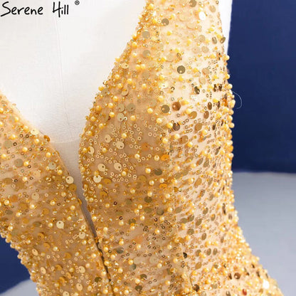 Serene Hill Gold Mermaid Lace Up Evening Dresses Gowns 2025 Beaded Elegant Luxury For Women Party HM67290 - SERENE HILL