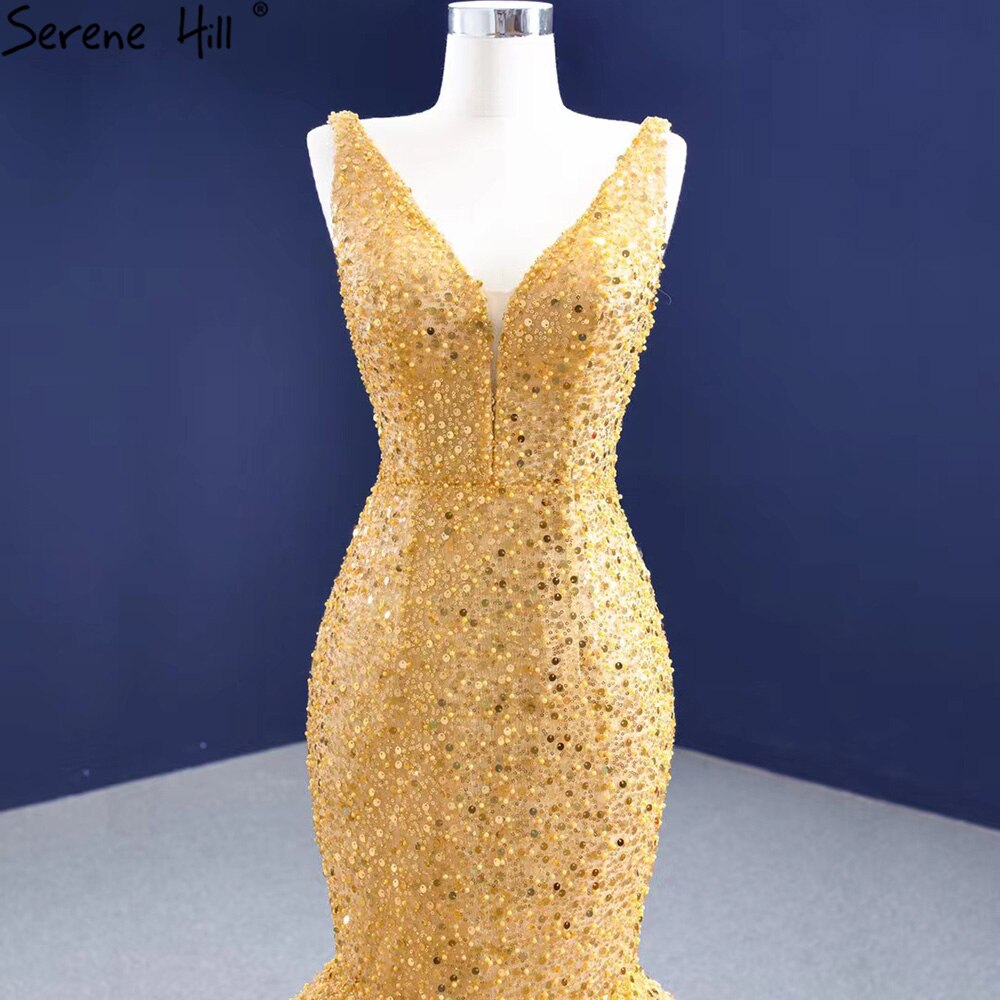 Serene Hill Gold Mermaid Lace Up Evening Dresses Gowns 2025 Beaded Elegant Luxury For Women Party HM67290 - SERENE HILL