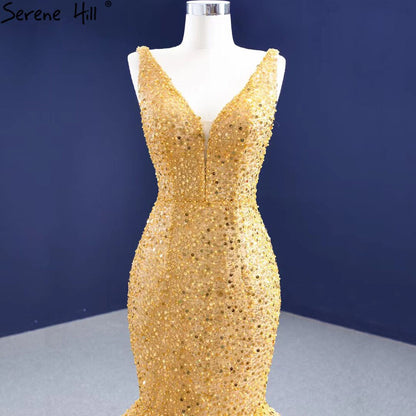 Serene Hill Gold Mermaid Lace Up Evening Dresses Gowns 2025 Beaded Elegant Luxury For Women Party HM67290 - SERENE HILL