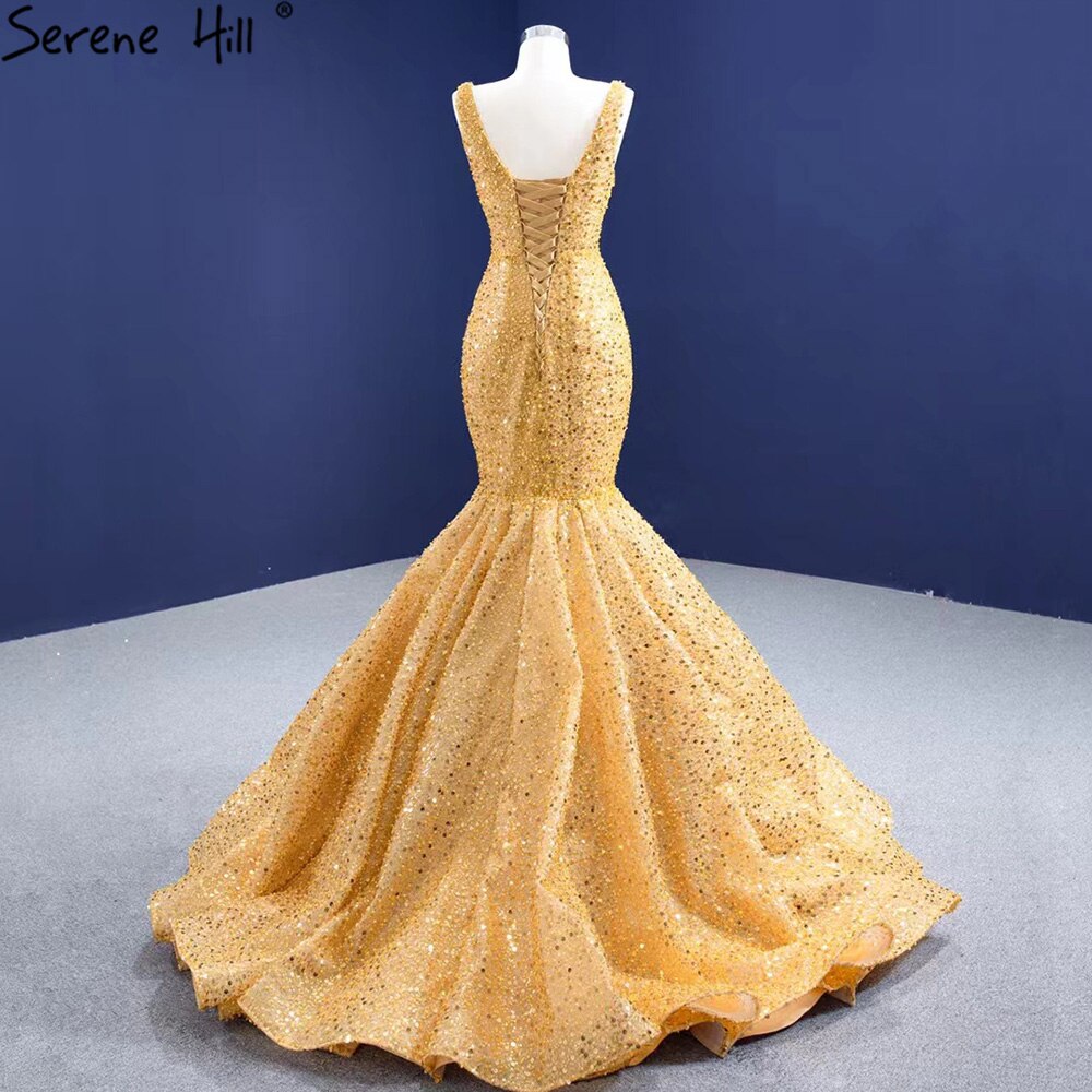 Serene Hill Gold Mermaid Lace Up Evening Dresses Gowns 2025 Beaded Elegant Luxury For Women Party HM67290 - SERENE HILL