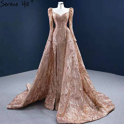 Serene Hill Gold Mermaid Luxury Evening Dresses Gowns 2025 Elegant With Train Sexy For Women Party HM67208 - SERENE HILL