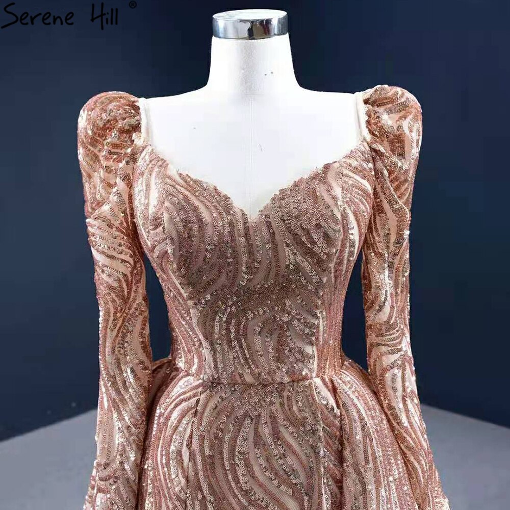 Serene Hill Gold Mermaid Luxury Evening Dresses Gowns 2025 Elegant With Train Sexy For Women Party HM67208 - SERENE HILL