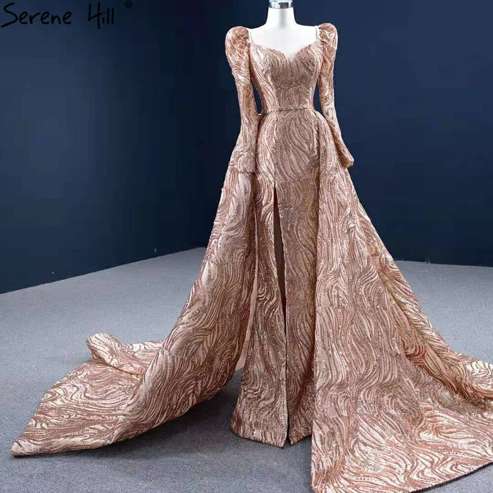 Serene Hill Gold Mermaid Luxury Evening Dresses Gowns 2025 Elegant With Train Sexy For Women Party HM67208 - SERENE HILL