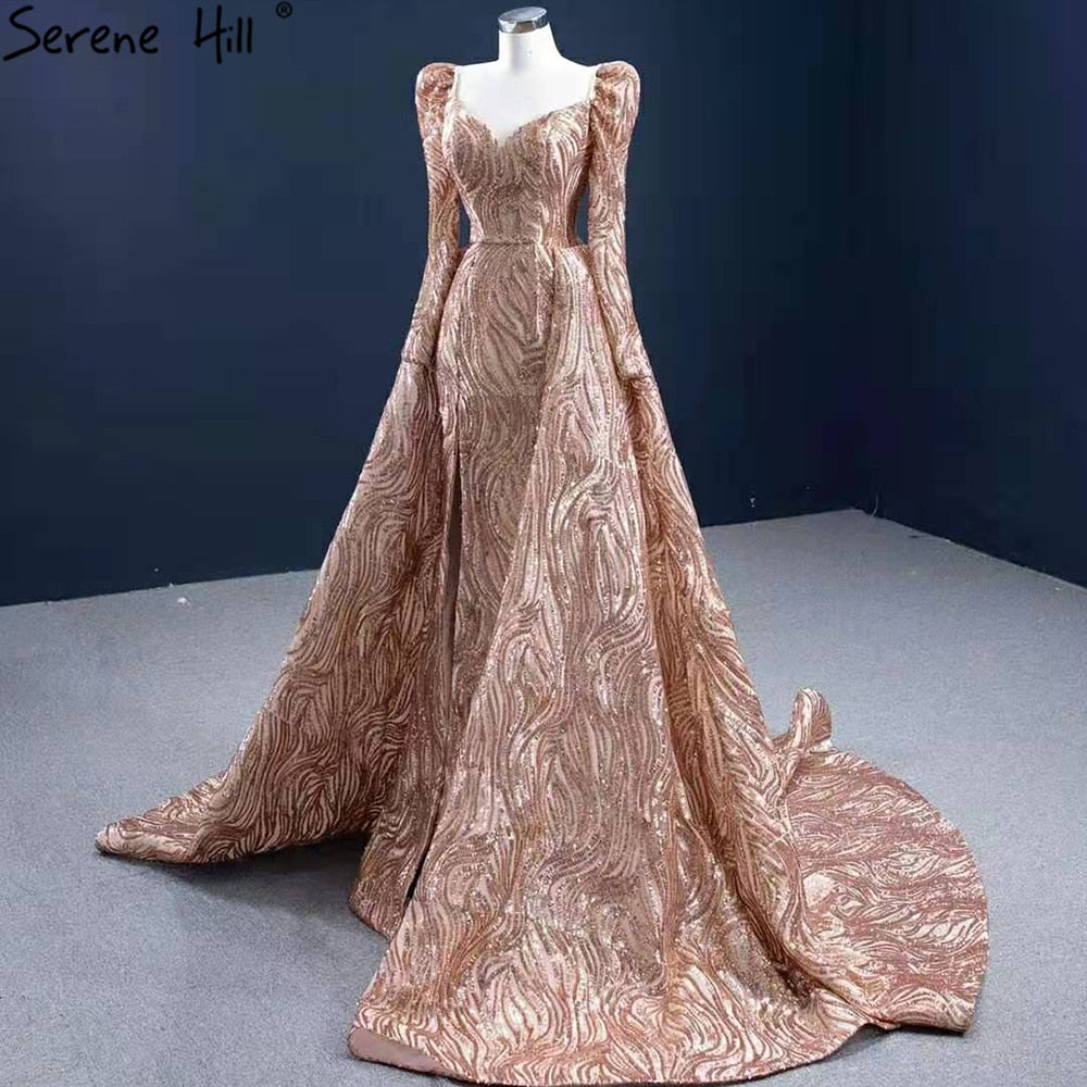 Serene Hill Gold Mermaid Luxury Evening Dresses Gowns 2025 Elegant With Train Sexy For Women Party HM67208 - SERENE HILL