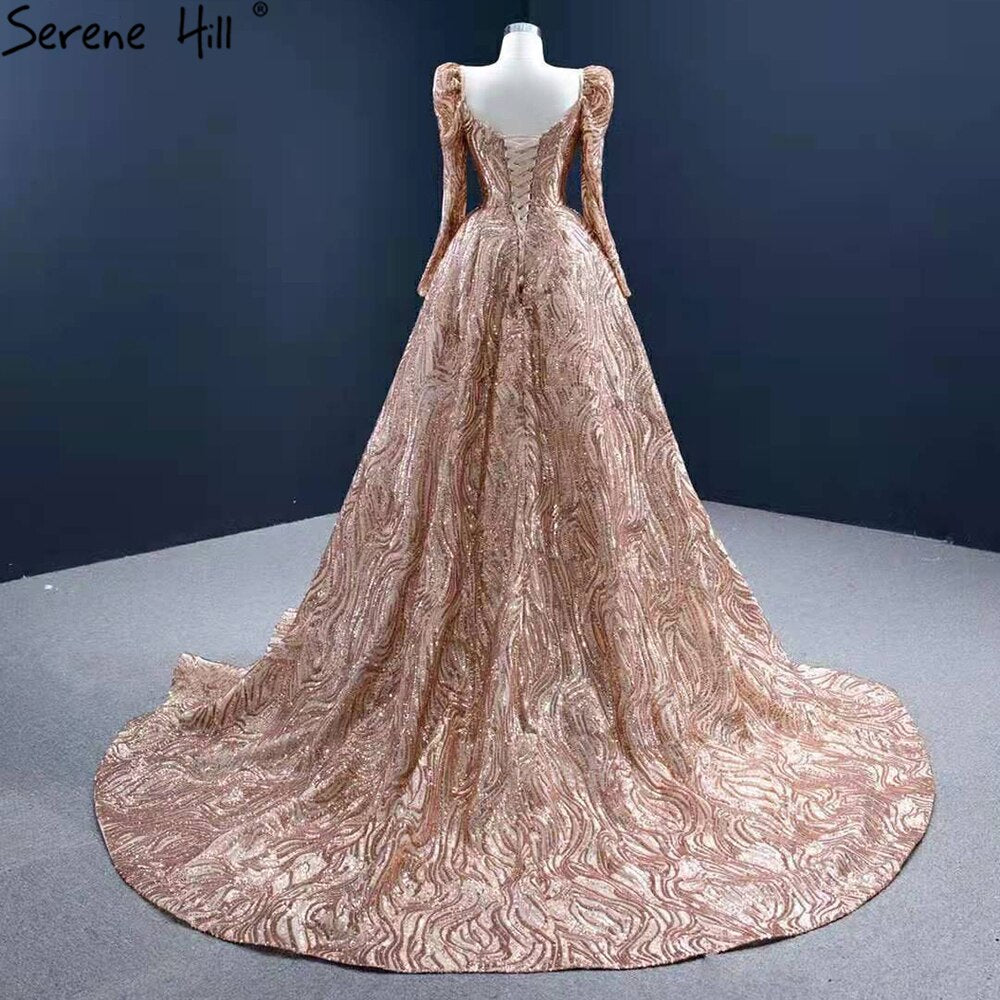 Serene Hill Gold Mermaid Luxury Evening Dresses Gowns 2025 Elegant With Train Sexy For Women Party HM67208 - SERENE HILL