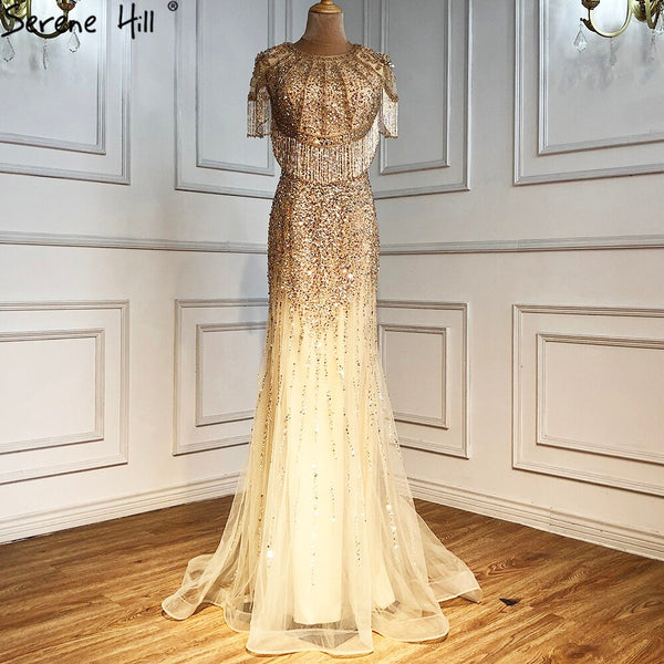 Serene Hill  Gold Mermaid Luxury Evening Dresses Gowns 2025 Beading Tassel Elegant For Women Wedding Party LA70051