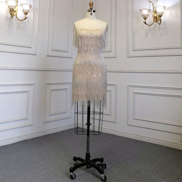 Serene Hill Gold Mermaid Sexy Short Skirt O-NeckElegant Dress Luxury Beaded Tassel Gowns 2025 For Women Party LA71734