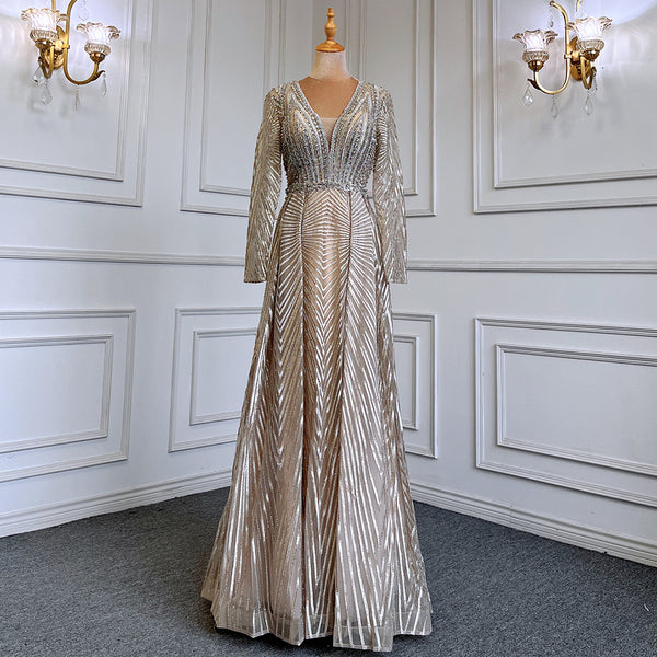 Serene Hill Gold Muslim A-Line V-Necck Evening Dresses Long Arm Gowns Luxury Beaded 2025 For Women Party LA71701