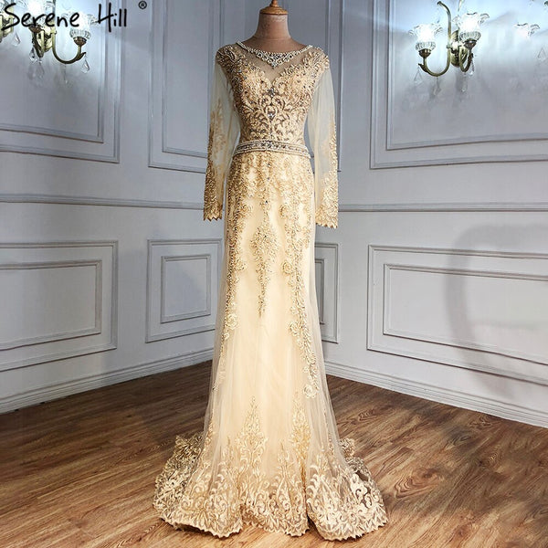 Serene Hill Gold Muslim Beaded Evening Dresses Gowns 2025 Mermaid Elegant For Women Wedding Party LA71082
