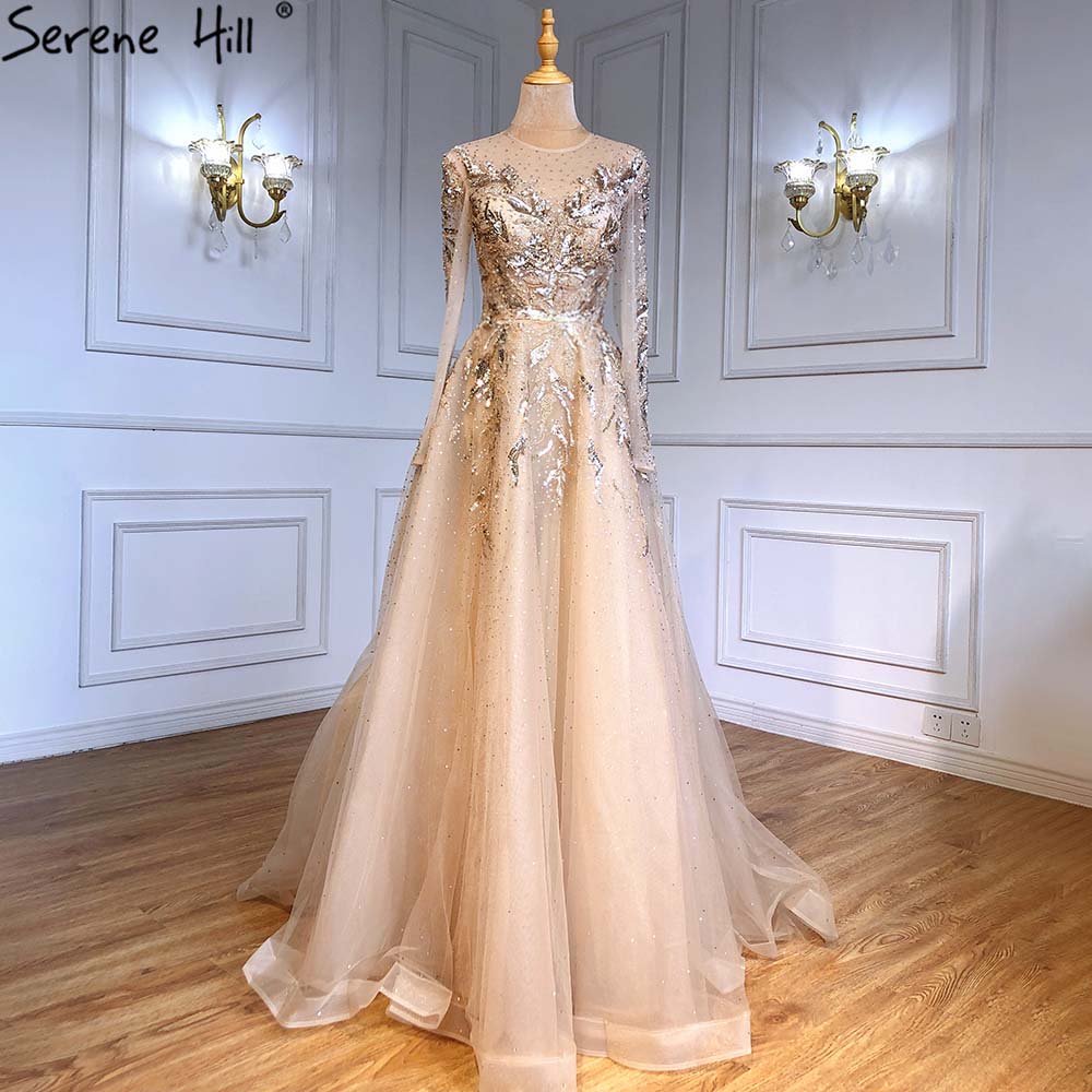Serene Hill Gold Muslim Luxury Evening Dresses Gowns 2025 A-Line Beaded Sparkle For Women Party LA71387 - SERENE HILL