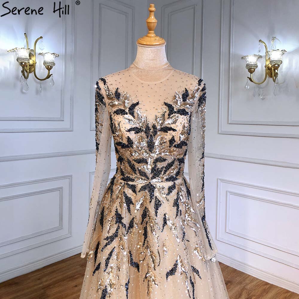 Serene Hill Gold Muslim Luxury Evening Dresses Gowns 2025 A-Line Beaded Sparkle For Women Party LA71387 - SERENE HILL