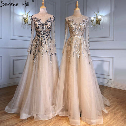 Serene Hill Gold Muslim Luxury Evening Dresses Gowns 2025 A-Line Beaded Sparkle For Women Party LA71387 - SERENE HILL