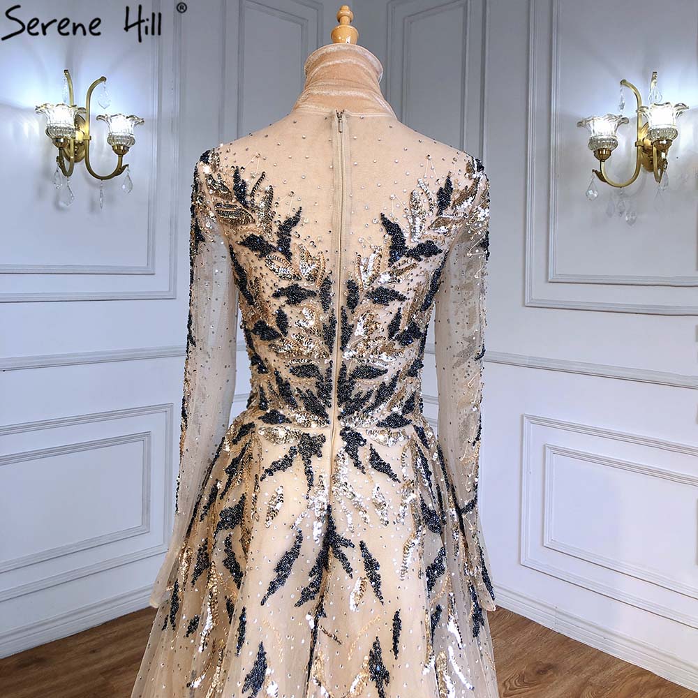 Serene Hill Gold Muslim Luxury Evening Dresses Gowns 2025 A-Line Beaded Sparkle For Women Party LA71387 - SERENE HILL