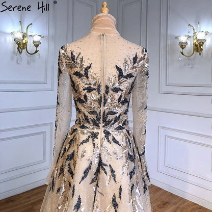 Serene Hill Gold Muslim Luxury Evening Dresses Gowns 2025 A-Line Beaded Sparkle For Women Party LA71387 - SERENE HILL