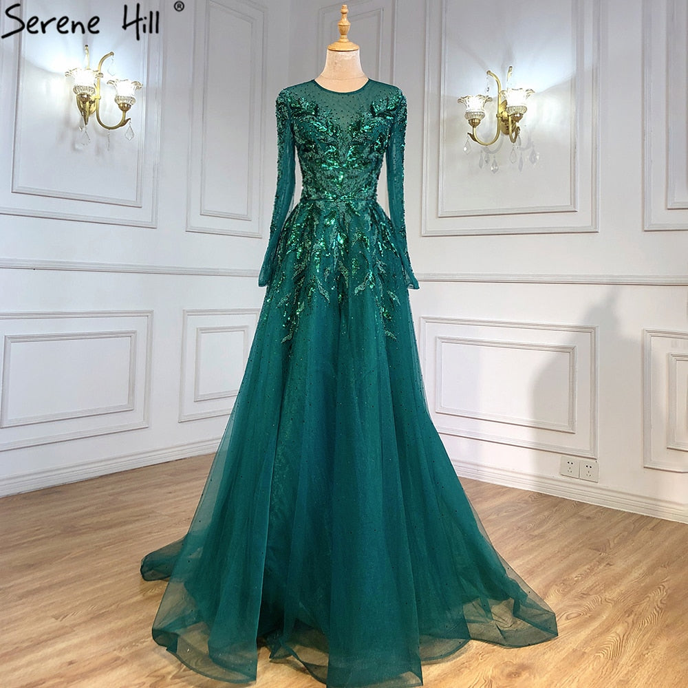 Serene Hill Gold Muslim Luxury Evening Dresses Gowns 2025 A-Line Beaded Sparkle For Women Party LA71387 - SERENE HILL