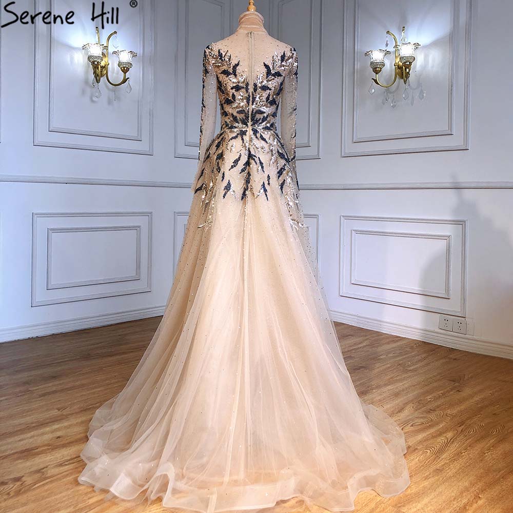 Serene Hill Gold Muslim Luxury Evening Dresses Gowns 2025 A-Line Beaded Sparkle For Women Party LA71387 - SERENE HILL