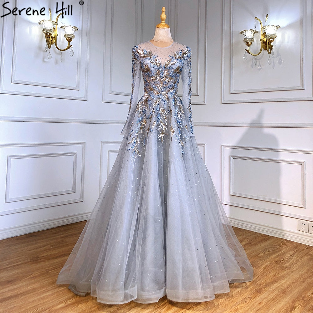 Serene Hill Gold Muslim Luxury Evening Dresses Gowns 2025 A-Line Beaded Sparkle For Women Party LA71387 - SERENE HILL