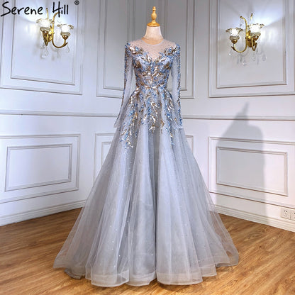 Serene Hill Gold Muslim Luxury Evening Dresses Gowns 2025 A-Line Beaded Sparkle For Women Party LA71387 - SERENE HILL