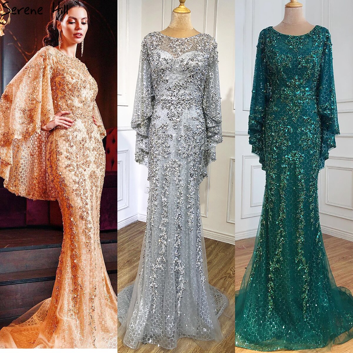 Serene Hill Gold Plus Size Mermaid Elegant Luxury Evening Dresses Gowns 2025 Pearls Beading With Cape For Women Party LA70738 - SERENE HILL