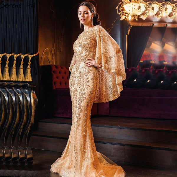 Serene Hill Gold Plus Size  Mermaid Elegant Luxury Evening Dresses Gowns 2025 Pearls Beaded With Cape For Women Party LA70738