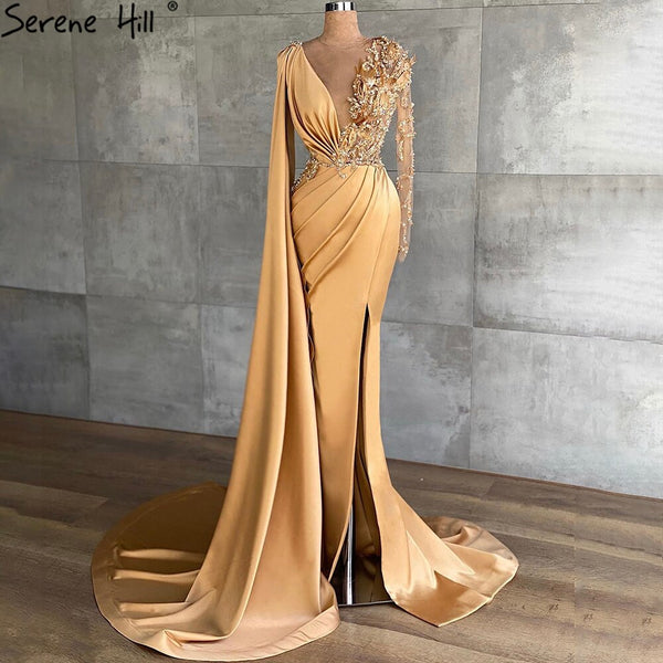 Serene Hill Gold Satin Cape Sleeves Split Evening Dresses Gowns 2025 Elegant Beaded Mermaid Gowns For Women Party LA71183