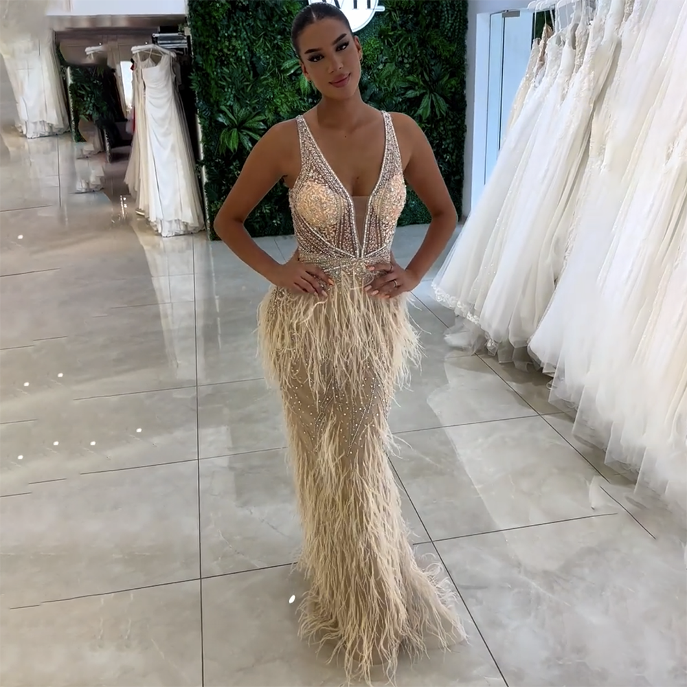Serene Hill Gold Sexy High Split Mermaid Evening Dresses Gowns Backless Luxury Beaded Feather 2025 For Women Party LA71583 - SERENE HILL